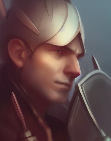 A close up of a person with a sword