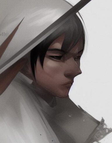 A close up of a person with a sword