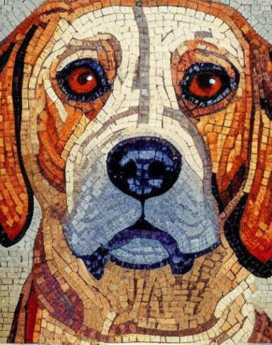 A close up of mosaic of a dog