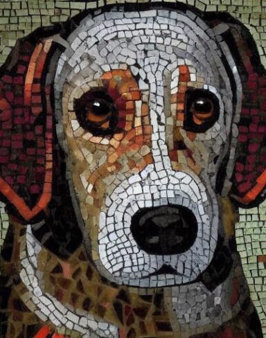 A close up of mosaic of a dog