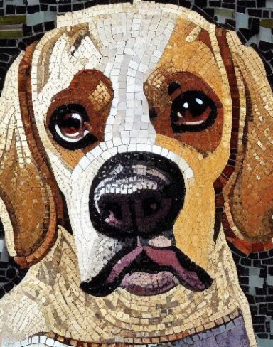 A close up of mosaic of a dog