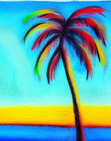 A color painting of a palm tree on beach side