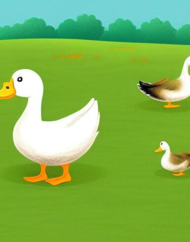 A couple of ducks on top of a green field