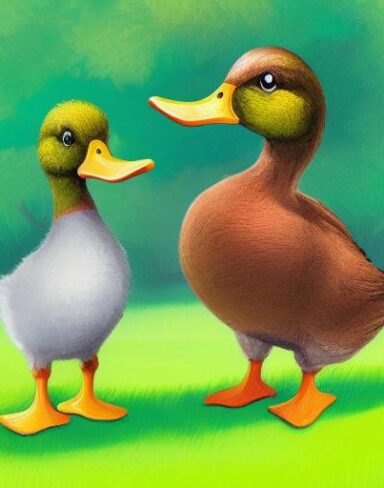 A couple of ducks standing on top of a lush green field