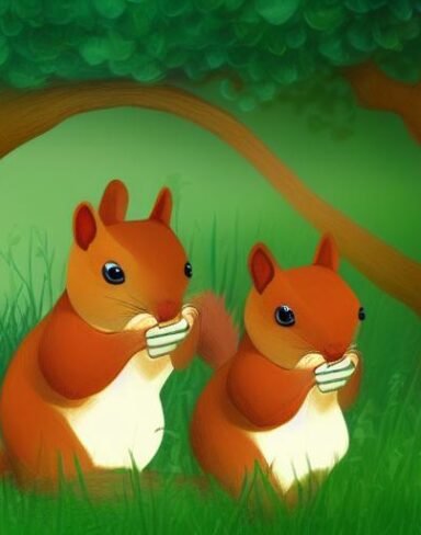 A couple of squirrels near mushrooms