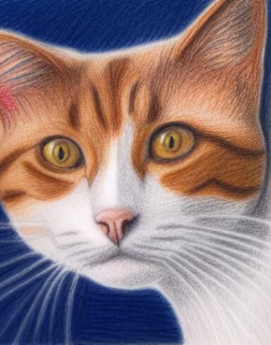 A crayon drawing of a close up cat with brown background