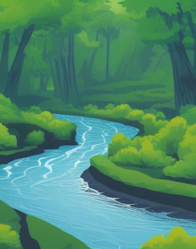 A curve river running through the green forest