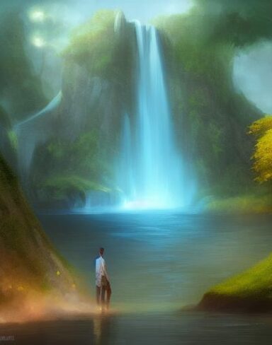 A digital painting of a man standing in front of a waterfall