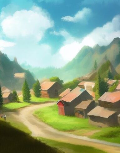A digital painting of a small village in the mountains