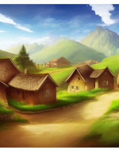 A digital painting of a small village in the mountains