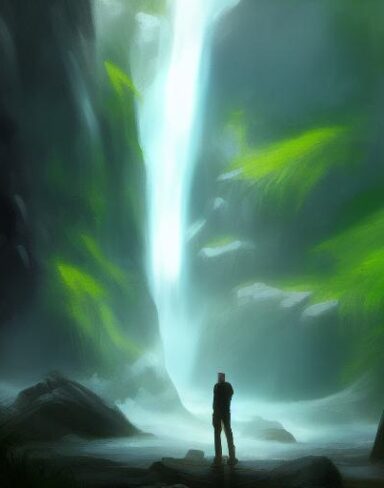 A digital painting of man standing in front of a waterfall