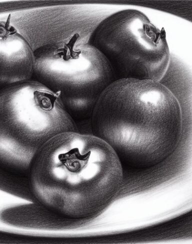 A drawing of a group of blueberries on a table