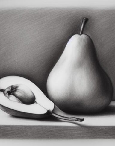 A drawing of a pear and an apple on a table