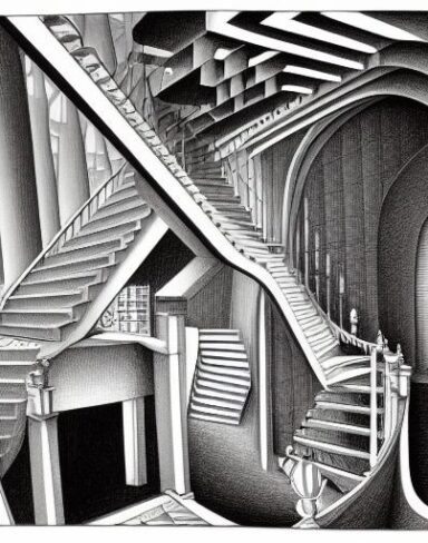 A drawing of a staircase like a maze in an interior space