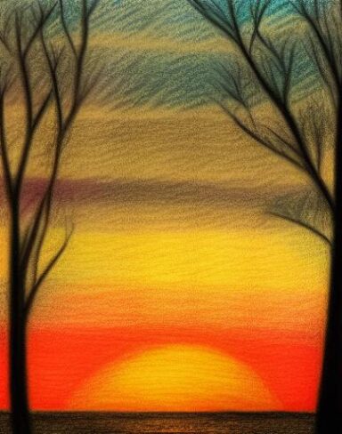 A drawing of a sunset with a tree