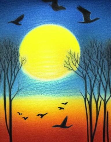 A drawing of a sunset with trees and birds