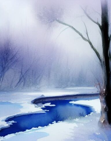 A ethereal watercolor painting of snow-covered trees and a stream on a snowing day