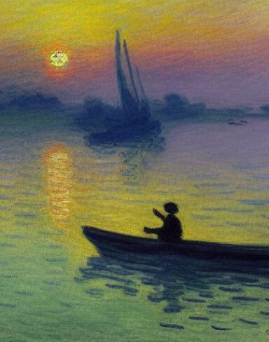 A fantasy painting of a boat and fisherman in a body of water at sunset