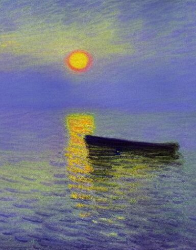 A fantasy painting of a boat in a body of water at neon sunset