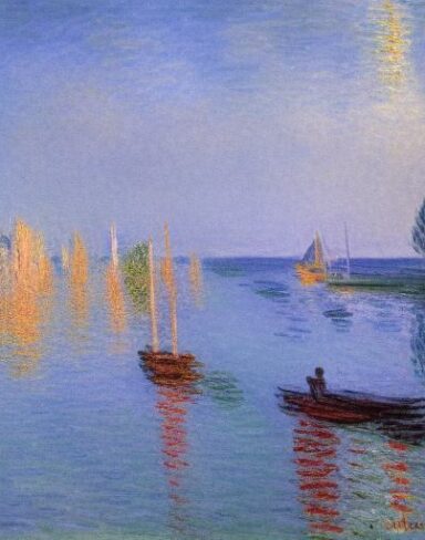 A fantasy painting of a building next to a body of water