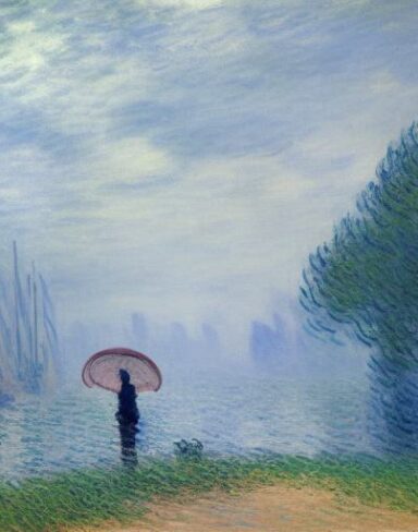 A fantasy painting of a building next to a body of water