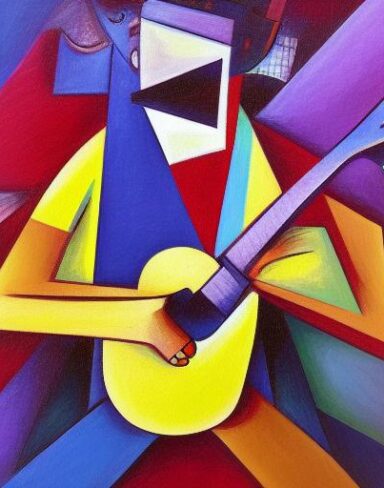 A fantasy painting of a man playing a guitar