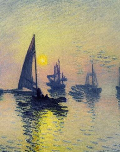A fantasy painting of several boats in a body of water at sunset