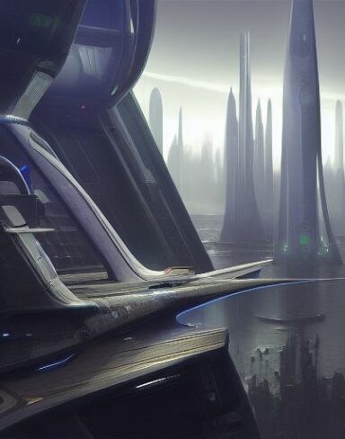 A futuristic city with planes