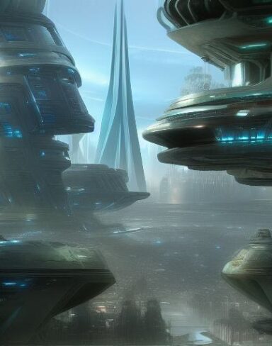 A futuristic city with trees