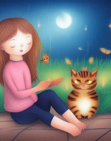 A girl sitting on the ground next to a cat