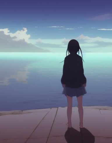 A girl standing in front of a body of water