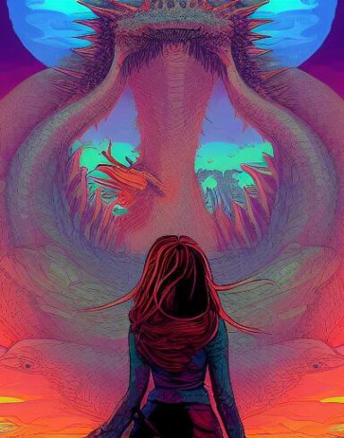 A girl that is standing on the right hand side of a dragon