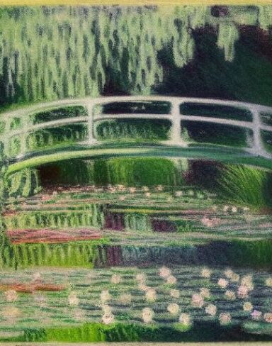 A gloomy painting of a pond filled with water lilies and fish