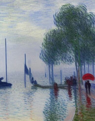 A joyful painting of a building next to a body of water