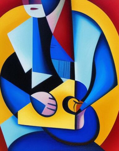 A joyful painting of a man playing a guitar