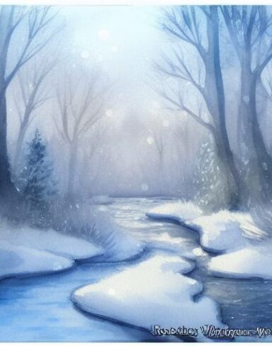 A light watercolor painting of snow-covered trees and a stream with fairies and deer
