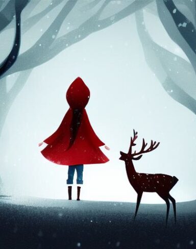 A little girl with red hood facing backward standing next to a deer in the snow