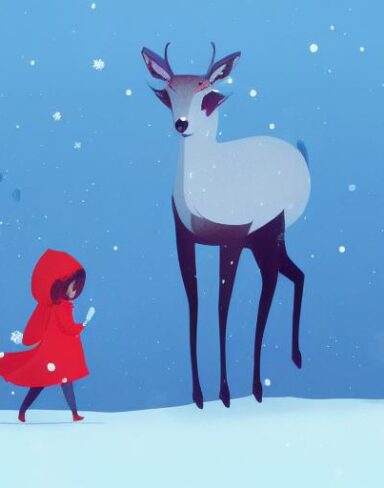 A little girl with red hood facing backward standing next to a deer in winter a storybook illustration inspired by Pascale Campion