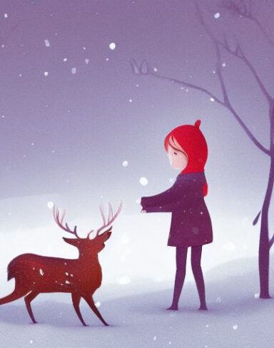 A little girl with red hood facing backward standing next to a deer in winter a storybook illustration inspired by Pascale Campion