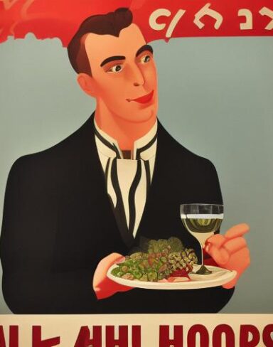 A man holding a red wine in front of a plate of food