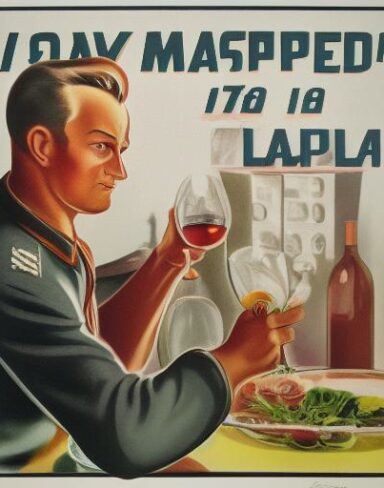 A man holding a wine glass in front of a plate of salad