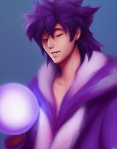 A man in a purple outfit holding a glowing ball