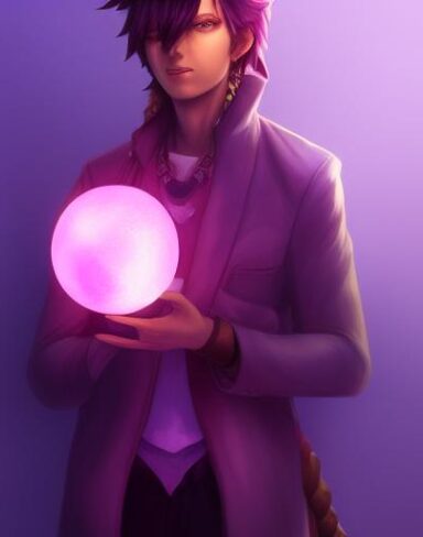 A man in a purple outfit holding a glowing ball