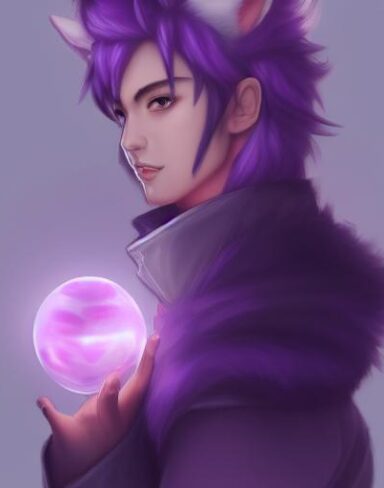 A man in a purple outfit holding a glowing ball