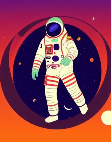 A man in a space suit with planets and giant moon in the background