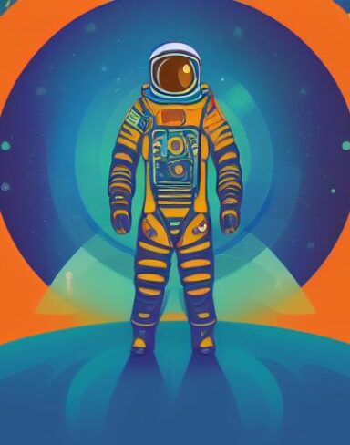 A man in a space suit with planets in the background