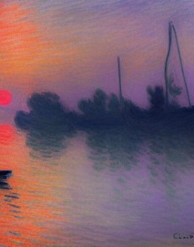 A melancholic painting of a boat in a body of water at neon sunset