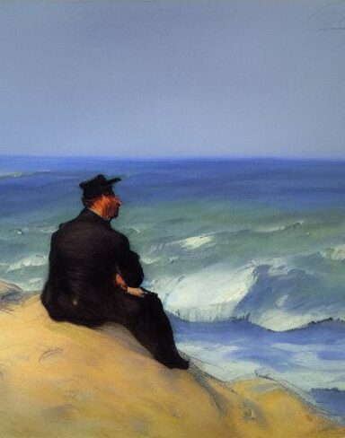 A melancholic painting of a man sitting on a rock by the ocean