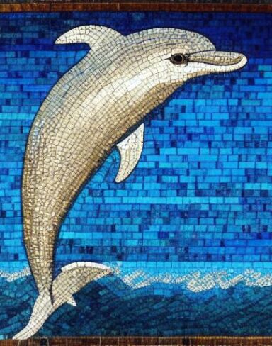 A mosaic of a dolphin swimming in the ocean inspired by Charles Ginner