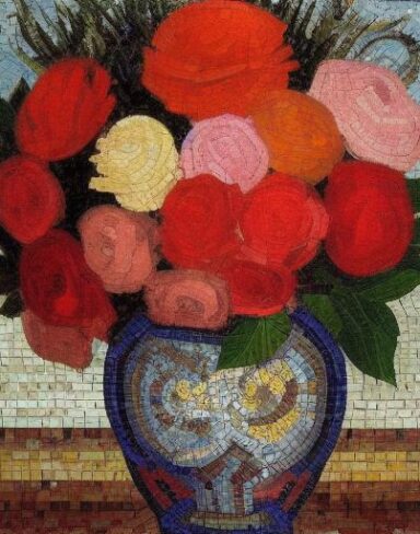 A mosaic of roses in a vase inspired by Mikhail Vrubel